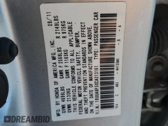 2012 Acura TL Tech Auto with VIN 19UUA8F5XCA013161, listed as a Copart auction lot 89212515 with 204,074 mi miles and Salvage Title. Bid and sale history available at carsss.com. Image 12.