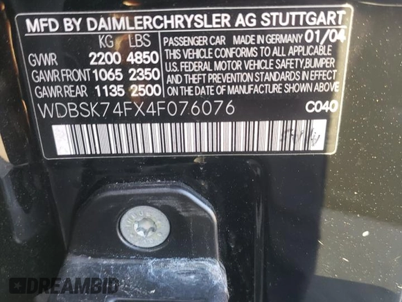 2004 Mercedes-Benz SL 55/63 AMG with VIN WDBSK74FX4F076076, listed as a Copart auction lot 77790544 with Not provided miles and Clean title. Bid and sale history available at DreamBid. Image 12.