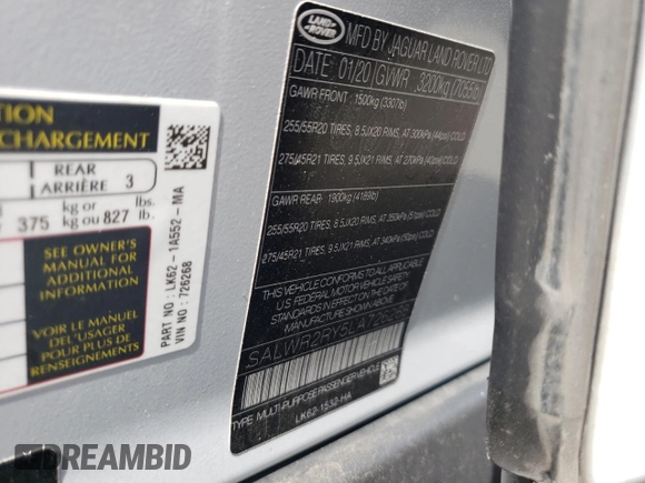 2020 Land Rover Range Rover with VIN SALWR2RY5LA726268, listed as a Copart auction lot 51257594 with 77,022 mi miles and . Bid and sale history available at DreamBid. Image 12.