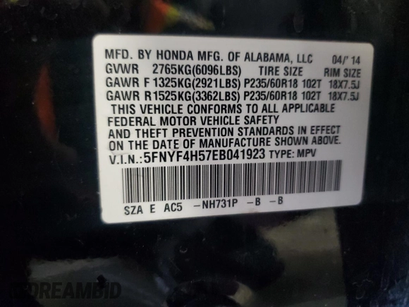 2014 Honda Pilot EX-L with VIN 5FNYF4H57EB041923, listed as a Copart auction lot 44611395 with 191,863 mi miles and Salvage Title. Bid and sale history available at DreamBid. Image 14.