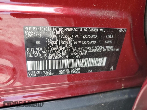 2021 Toyota RAV4 XLE Premium z VIN 2T3C1RFV3MW155693, wystawiony jako Copart lot #61505845 z przebiegiem 22 420 mil mil oraz Szkoda całkowita • Salvage title. Historia ofert i sprzedaży dostępna na DreamBid. Obrazek 13.
