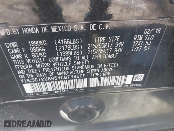 2016 Honda HR-V EX with VIN 3CZRU6H54GM738609, listed as a IAAI auction lot 42115898 with 95,614 mi miles. Bid and sale history available at carsss.com. Image 9.