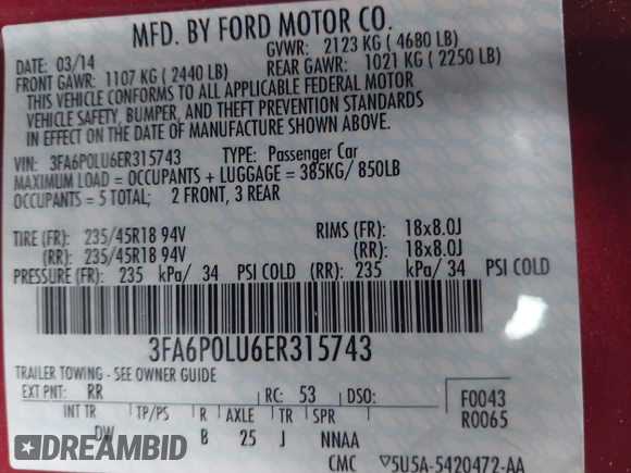 2014 Ford Fusion SE Hybrid with VIN 3FA6P0LU6ER315743, listed as a IAAI auction lot 41212111 with 83,433 mi miles. Bid and sale history available at carsss.com. Image 9.