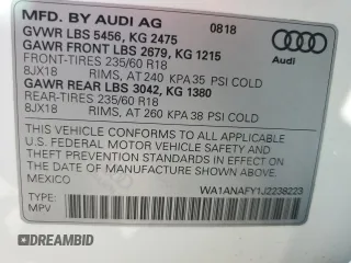 2018 Audi Q5 Premium with VIN WA1ANAFY1J2238223, listed as a Copart auction lot 56636095 with 69,752 mi miles and Clean title. Bid and sale history available at DreamBid. Image 13.