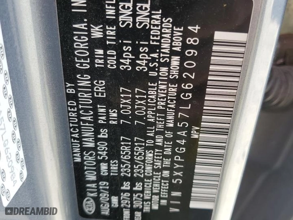 2020 Kia Sorento LX V6 with VIN 5XYPG4A57LG620984, listed as a Copart auction lot 52674715 with 79,040 mi miles and Salvage Title. Bid and sale history available at carsss.com. Image 13.