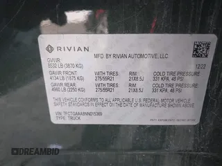 2022 Rivian R1T Adventure z VIN 7FCTGAAA8NN015369, wystawiony jako IAAI lot #41407842 z przebiegiem 22 507 mil mil oraz . Historia ofert i sprzedaży dostępna na DreamBid. Obrazek 9.