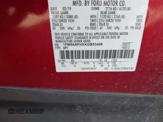 2019 Ford Explorer Limited with VIN 1FM5K8FHXKGB53406, listed as a IAAI auction lot 41906077 with 58,296 mi miles and . Bid and sale history available at carsss.com. Image 9.