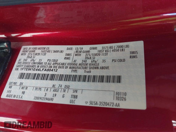 2020 Ford F-150 XL with VIN 1FTEW1E44LFA80412, listed as a IAAI auction lot 41747344 with 78,855 mi miles and . Bid and sale history available at DreamBid. Image 9.