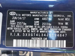 2018 Kia Optima S with VIN 5XXGT4L34JG194647, listed as a IAAI auction lot 41644732 with 122,107 mi miles. Bid and sale history available at carsss.com. Image 9.