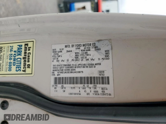 2008 Ford Explorer XLT with VIN 1FMEU63E08UA33875, listed as a Copart auction lot 54851655 with 166,968 mi miles and Salvage title. Bid and sale history available at DreamBid. Image 14.