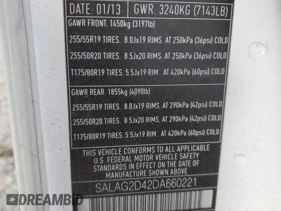 2013 Land Rover LR4 HSE with VIN SALAG2D42DA660221, listed as a Copart auction lot 58776145 with 93,200 mi miles and Clean title. Bid and sale history available at DreamBid. Image 13.