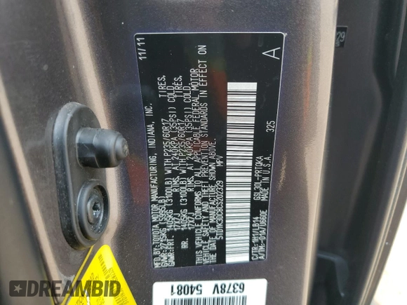 2012 Toyota Sienna XLE AAS с VIN 5TDYK3DC8CS202329, выставлен на аукционе Copart как лот 59340965 с пробегом Не указан миль и Списание • Salvage title. История ставок и продаж доступна на DreamBid. Изображение 13.