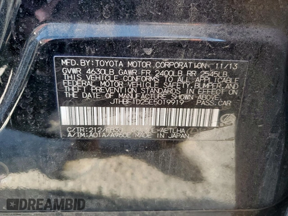 2014 Lexus IS 250 with VIN JTHBF1D25E5019919, listed as a Copart auction lot 58667425 with 154,400 mi miles and Salvage title. Bid and sale history available at DreamBid. Image 12.