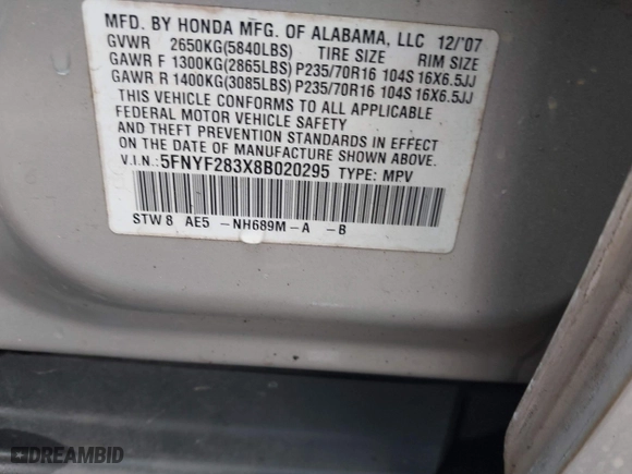 2008 Honda Pilot SE with VIN 5FNYF283X8B020295, listed as a IAAI auction lot 41737578 with 210,998 mi miles. Bid and sale history available at carsss.com. Image 9.