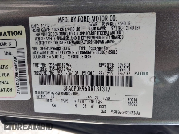 2013 Ford Fusion Titanium with VIN 3FA6P0K96DR131317, listed as a IAAI auction lot 42552736 with 154,762 mi miles and . Bid and sale history available at DreamBid. Image 9.