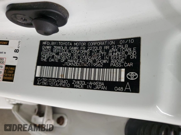 2010 Toyota Prius II with VIN JTDKN3DU7A0119562, listed as a Copart auction lot 55498575 with 121,316 mi miles and Clean Title. Bid and sale history available at carsss.com. Image 12.