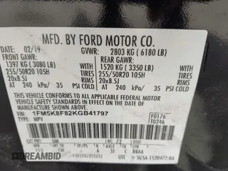 2019 Ford Explorer Limited with VIN 1FM5K8F82KGB41797, listed as a IAAI auction lot 41869760 with 73,858 mi miles and . Bid and sale history available at carsss.com. Image 9.