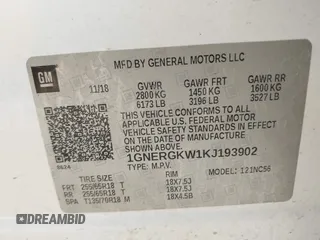 2019 Chevrolet Traverse LT Cloth with VIN 1GNERGKW1KJ193902, listed as a IAAI auction lot 41900901 with 131,672 mi miles and . Bid and sale history available at DreamBid. Image 9.