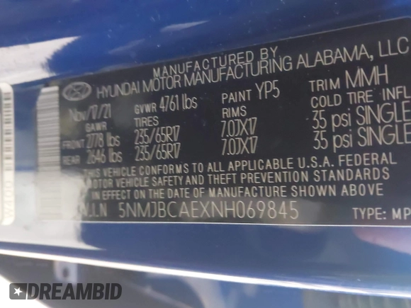 2022 Hyundai Tucson SEL with VIN 5NMJBCAEXNH069845, listed as a IAAI auction lot 41481383 with 10,985 mi miles and . Bid and sale history available at DreamBid. Image 9.