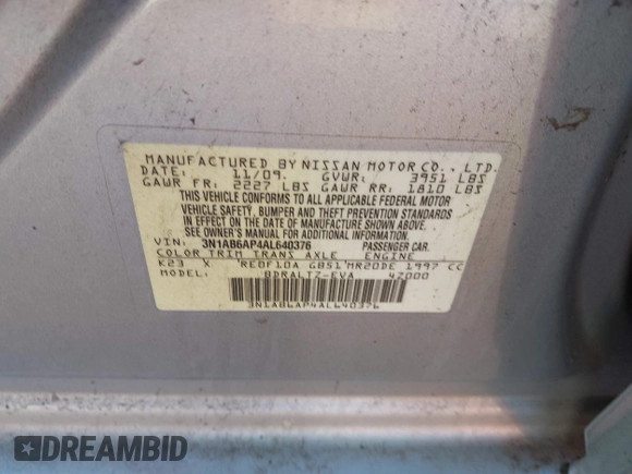 2010 Nissan Sentra SR with VIN 3N1AB6AP4AL640376, listed as a IAAI auction lot 42004356 with Not Provided miles and . Bid and sale history available at DreamBid. Image 9.