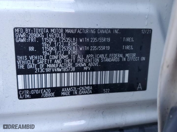 2022 Toyota RAV4 XLE Premium with VIN 2T3C1RFV4NW185738, listed as a Copart auction lot 49508135 with 61,732 mi miles and Salvage Title. Bid and sale history available at carsss.com. Image 13.
