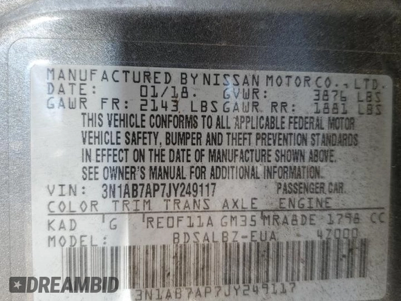 2018 Nissan Sentra S with VIN 3N1AB7AP7JY249117, listed as a Copart auction lot 88697495 with 115,903 mi miles and Salvage Title. Bid and sale history available at DreamBid. Image 13.