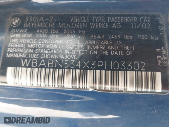 2003 BMW 3 Series 330Ci with VIN WBABN534X3PH03302, listed as a IAAI auction lot 41355981 with 169,595 mi miles and . Bid and sale history available at carsss.com. Image 9.