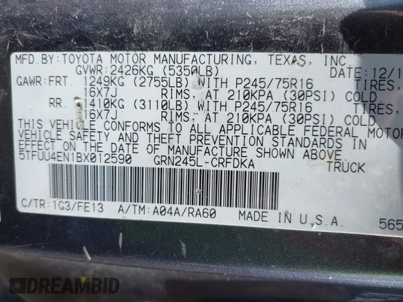 2011 Toyota Tacoma with VIN 5TFUU4EN1BX012590, listed as a IAAI auction lot 41741936 with 149,369 mi miles. Bid and sale history available at carsss.com. Image 9.