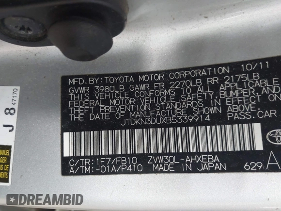 2011 Toyota Prius I with VIN JTDKN3DUXB5339914, listed as a IAAI auction lot 42060694 with 207,481 mi miles. Bid and sale history available at carsss.com. Image 9.