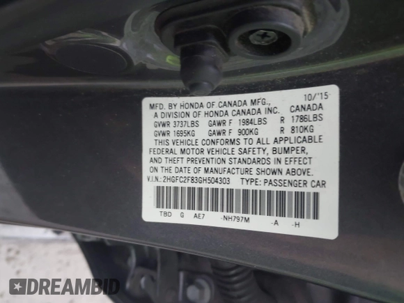 2016 Honda Civic Sedan EX with VIN 2HGFC2F83GH504303, listed as a IAAI auction lot 41914194 with 136,457 mi miles. Bid and sale history available at carsss.com. Image 9.
