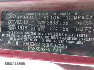2011 Hyundai Accent GLS with VIN KMHCN4AC8BU597226, listed as a IAAI auction lot 41963682 with 166,020 mi miles and . Bid and sale history available at DreamBid. Image 9.