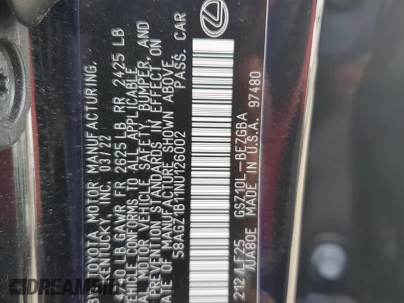 2022 Lexus ES 350 F Sport with VIN 58AGZ1B11NU126002, listed as a Copart auction lot 77731814 with 75,323 mi miles and Non repairable. Bid and sale history available at DreamBid. Image 14.