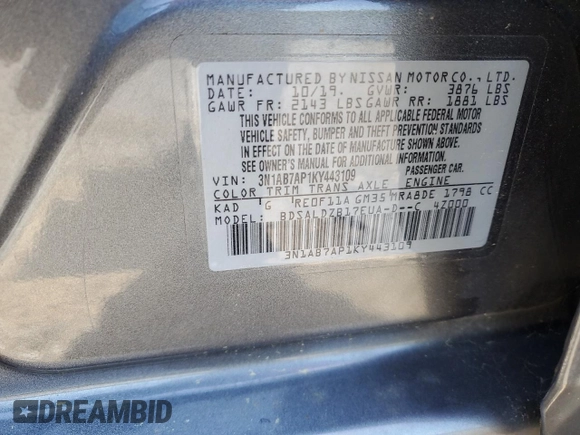 2019 Nissan Sentra SV with VIN 3N1AB7AP1KY443109, listed as a Copart auction lot 51638025 with 49,866 mi miles and Salvage Title. Bid and sale history available at DreamBid. Image 14.