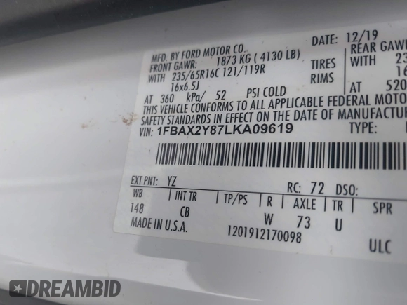 2020 Ford Transit Passenger XL with VIN 1FBAX2Y87LKA09619, listed as a IAAI auction lot 42743359 with 79,822 mi miles and . Bid and sale history available at DreamBid. Image 9.
