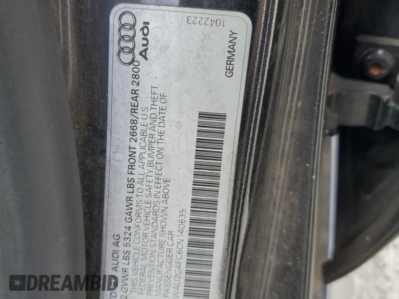 2012 Audi A7 Prestige with VIN WAU2GAFC6CN140635, listed as a Copart auction lot 61007245 with 156,190 mi miles and Clean title. Bid and sale history available at DreamBid. Image 12.