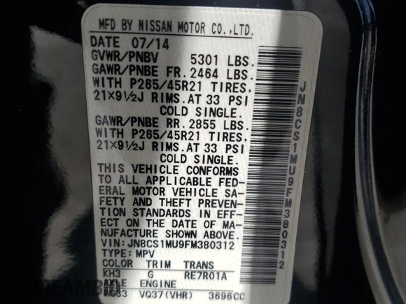 2015 Infiniti QX70 with VIN JN8CS1MU9FM380312, listed as a Copart auction lot 54104005 with 100,678 mi miles and Salvage Title. Bid and sale history available at DreamBid. Image 14.