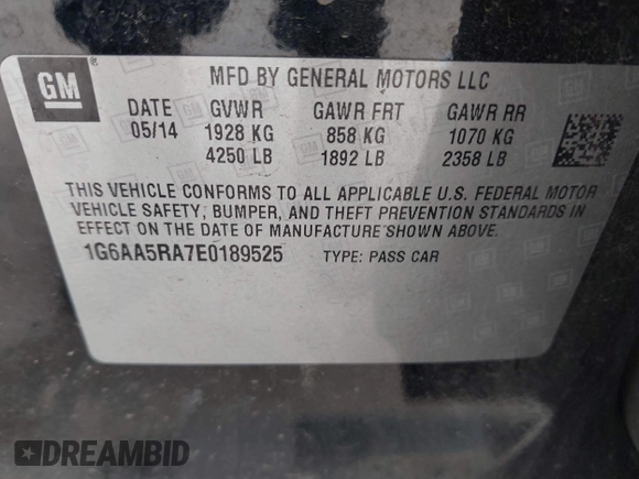 2014 Cadillac ATS Standard RWD with VIN 1G6AA5RA7E0189525, listed as a IAAI auction lot 42157087 with 54,593 mi miles and . Bid and sale history available at DreamBid. Image 9.
