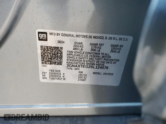 2025 Chevrolet Equinox AWD RS with VIN 3GNAXTEG2SL124579, listed as a Copart auction lot 47129755 with Not provided miles and Salvage title. Bid and sale history available at DreamBid. Image 13.