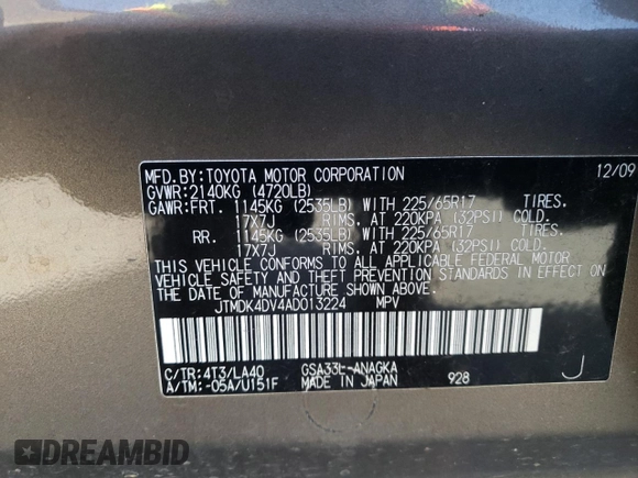 2010 Toyota RAV4 Ltd with VIN JTMDK4DV4AD013224, listed as a Copart auction lot 52075325 with 201,027 mi miles and Salvage Title. Bid and sale history available at carsss.com. Image 13.