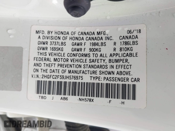 2018 Honda Civic LX with VIN 2HGFC2F59JH576975, listed as a IAAI auction lot 42098020 with 89,791 mi miles and . Bid and sale history available at DreamBid. Image 9.