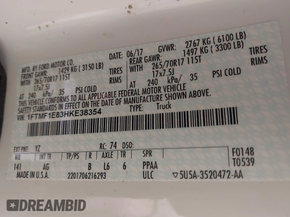 2017 Ford F-150 XL with VIN 1FTMF1E83HKE38354, listed as a IAAI auction lot 41569015 with 140,249 mi miles and . Bid and sale history available at DreamBid. Image 9.