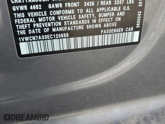 2014 Volkswagen Passat TDI SEL Premium with VIN 1VWCN7A33EC120555, listed as a Copart auction lot 54353295 with 117,436 mi miles and Clean Title. Bid and sale history available at carsss.com. Image 12.