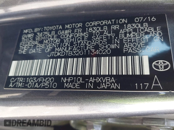 2016 Toyota Prius One с VIN JTDKDTB32G1134020, выставлен на аукционе IAAI как лот 42136215 с пробегом 102 529 миль миль и . История ставок и продаж доступна на DreamBid. Изображение 9.