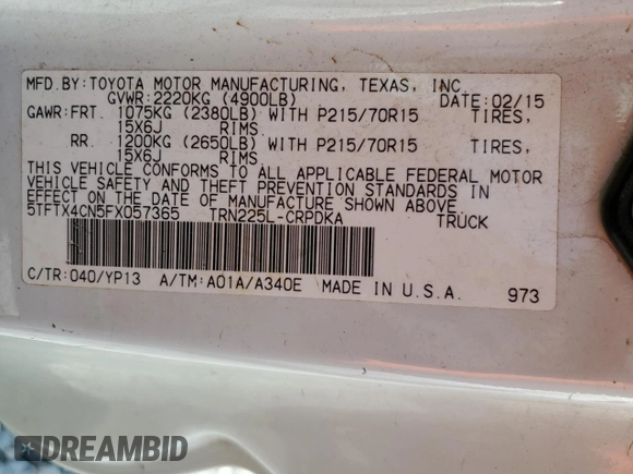 2015 Toyota Tacoma z VIN 5TFTX4CN5FX057365, wystawiony jako Copart lot #53960245 z przebiegiem 174 772 mil mil oraz Szkoda całkowita • Salvage title. Historia ofert i sprzedaży dostępna na DreamBid. Obrazek 12.