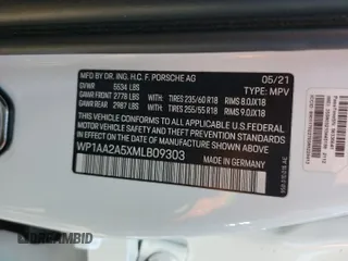 2021 Porsche Macan z VIN WP1AA2A5XMLB09303, wystawiony jako Copart lot #54544005 z przebiegiem Nie podano mil oraz Szkoda całkowita • Salvage title. Historia ofert i sprzedaży dostępna na DreamBid. Obrazek 12.