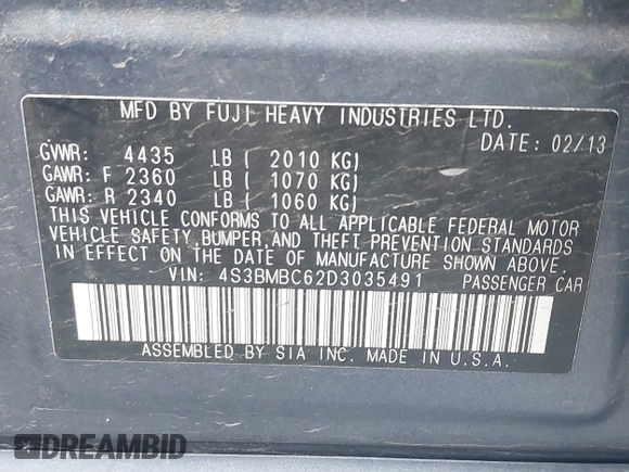 2013 Subaru Legacy Premium with VIN 4S3BMBC62D3035491, listed as a IAAI auction lot 41938342 with 127,394 mi miles and . Bid and sale history available at carsss.com. Image 9.