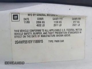 2000 Buick Regal GS с VIN 2G4WF5510Y1189915, выставлен на аукционе IAAI как лот 42689407 с пробегом Не указан миль и . История ставок и продаж доступна на DreamBid. Изображение 9.