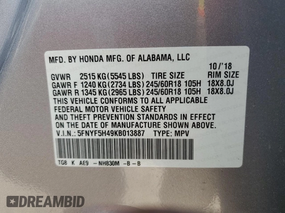 2019 Honda Pilot EX-L with VIN 5FNYF5H49KB013887, listed as a Copart auction lot 44258315 with 159,115 mi miles and Salvage title. Bid and sale history available at DreamBid. Image 13.