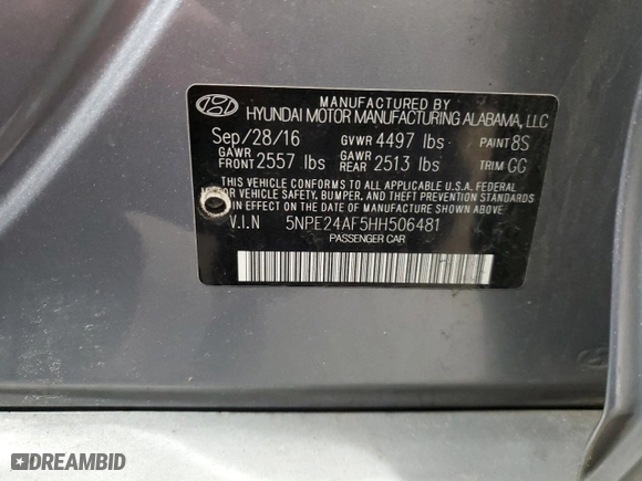 2017 Hyundai Sonata 2.4L with VIN 5NPE24AF5HH506481, listed as a Copart auction lot 48638445 with 199,368 mi miles and Clean Title. Bid and sale history available at carsss.com. Image 12.