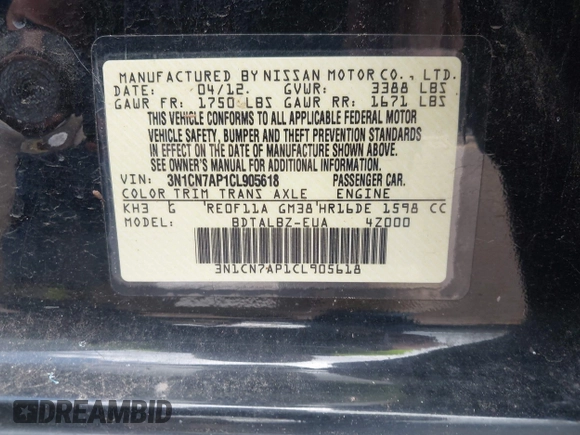 2012 Nissan Versa SV with VIN 3N1CN7AP1CL905618, listed as a IAAI auction lot 42212036 with 160,088 mi miles and . Bid and sale history available at DreamBid. Image 9.